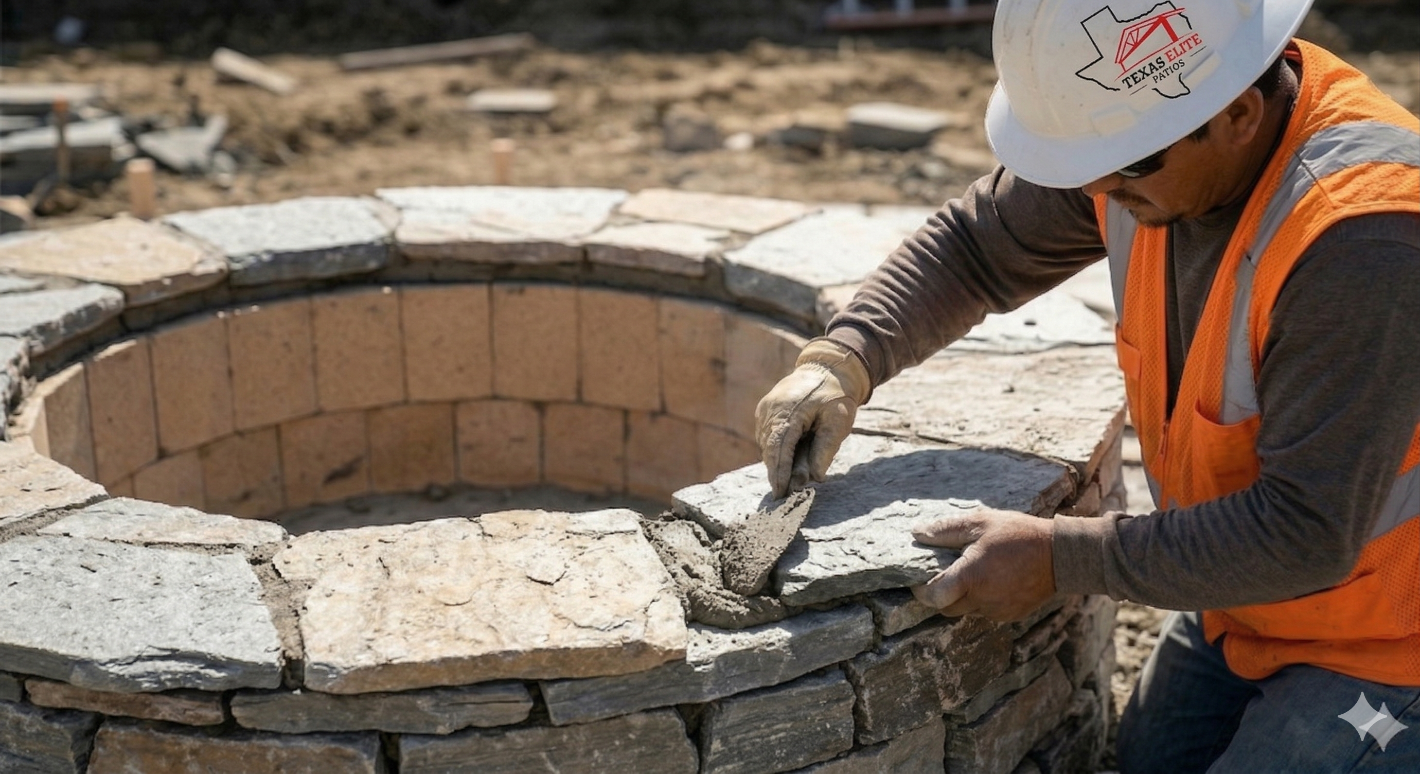 Worker building stone fire pit